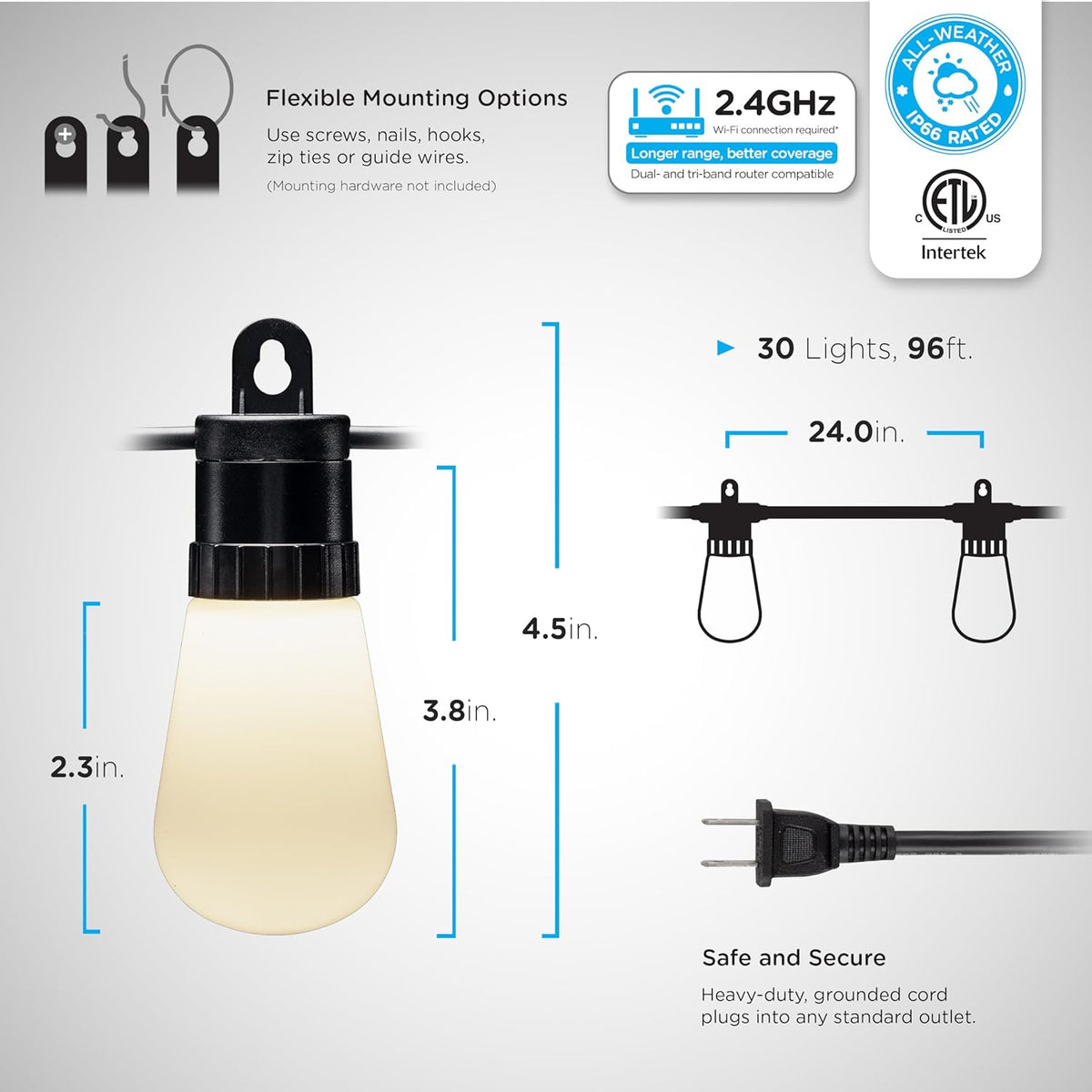 Lights, Color Control, Lightweight String String Customizable, Lights, Changing YANRUI Smart RGB Weatherproof, exterior Wi-Fi ft, Patio Dimmable 96 LED App 30 Lights, 79617