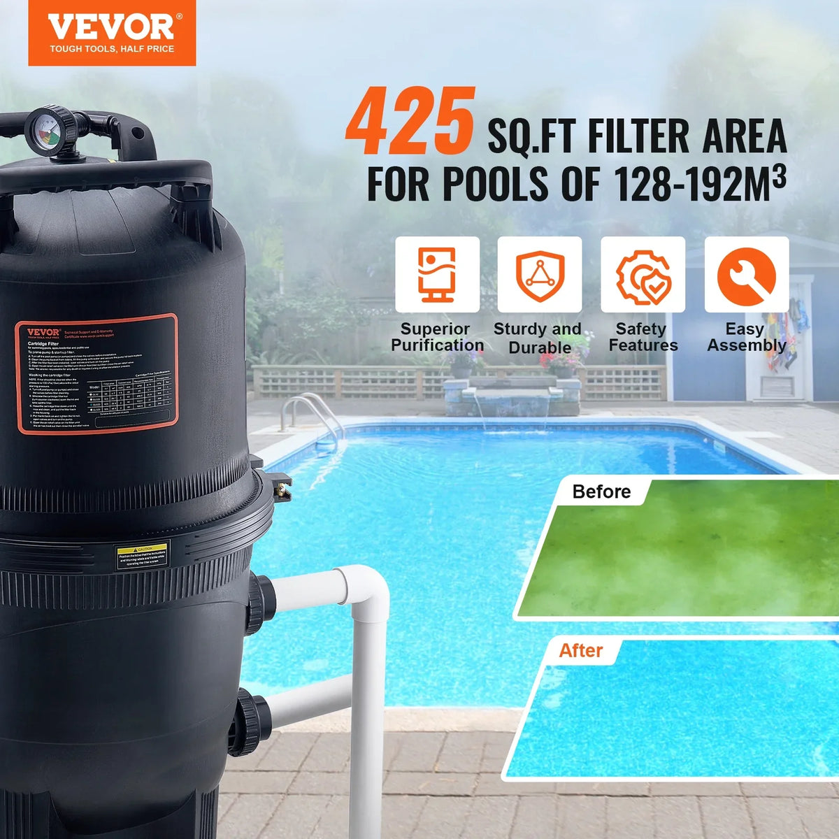 Filtration In/Above Pool Swimming Filter 425Sq.Ft SKYSHALO Pool Cartridge Ground