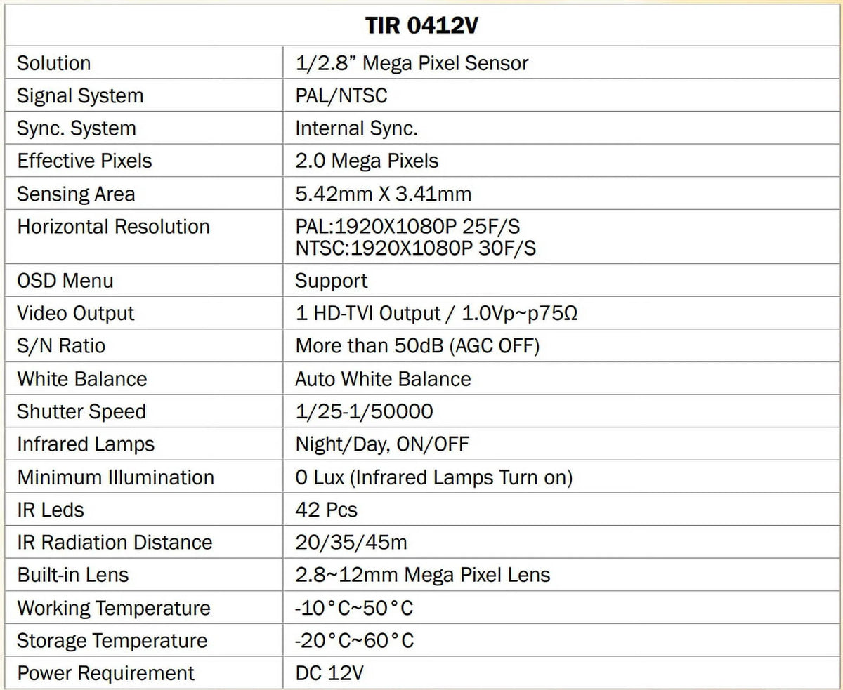 DC LED exterior 42 IR 2.8-12mm, 2MP TIR-0412V-W Eyemax Camera, Bullet HD-TVI 12V