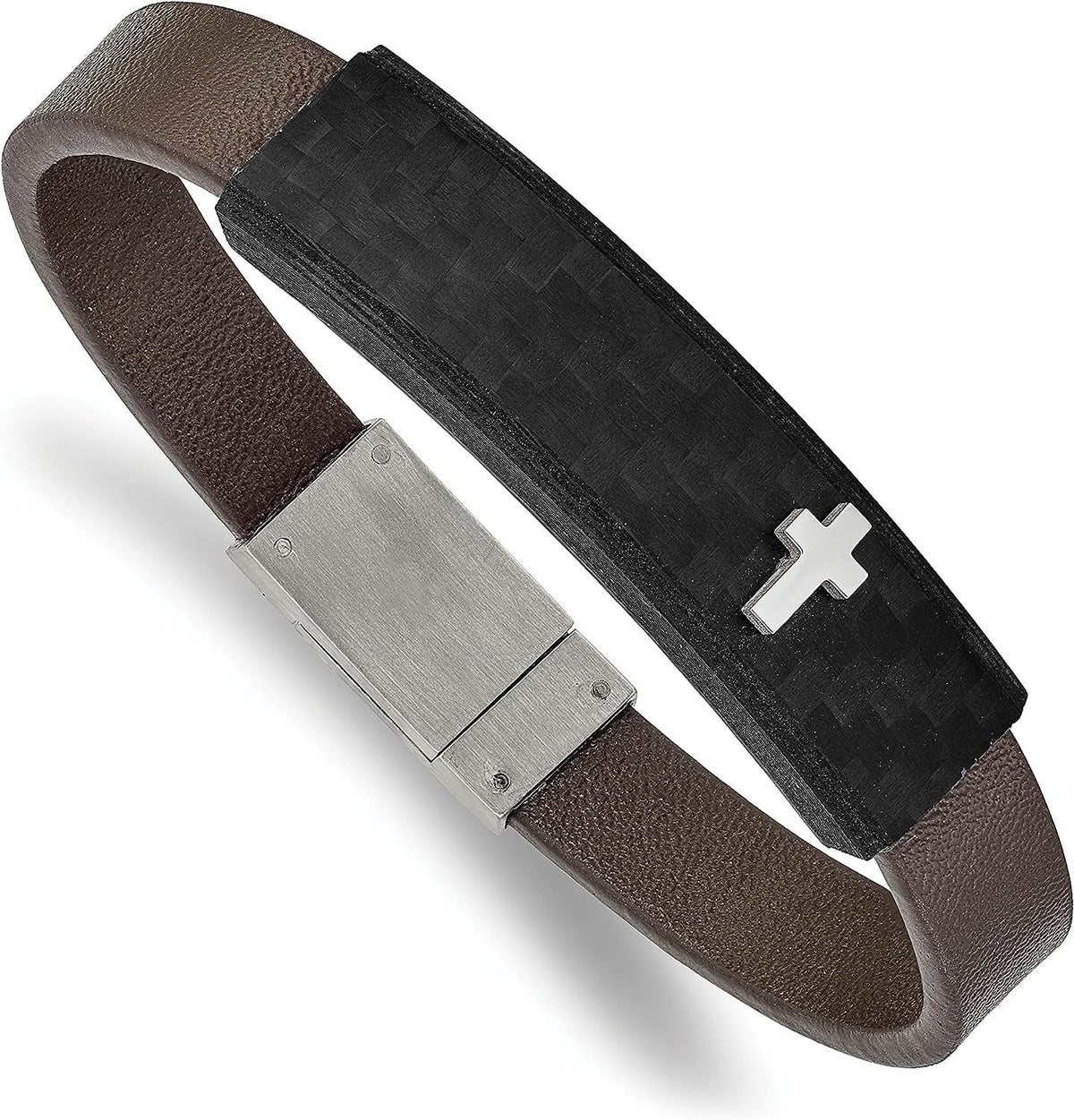 Cross Leather Solid Polished Faux Chisel - Steel 8" Brown Carbon Bracelet Stainless Fiber
