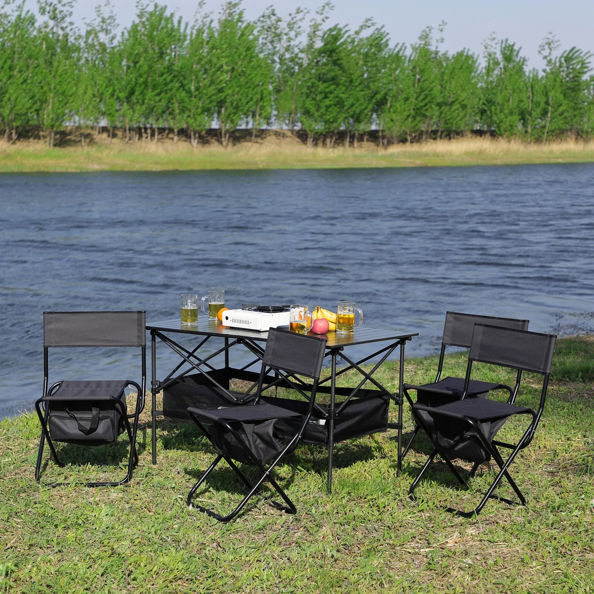 Set Folding BBQ, Set Black/Gray and Chair Camping, 5, Party, Indoor, exterior of Picnics, exterior for Beach,Backyard, Table Patio,
