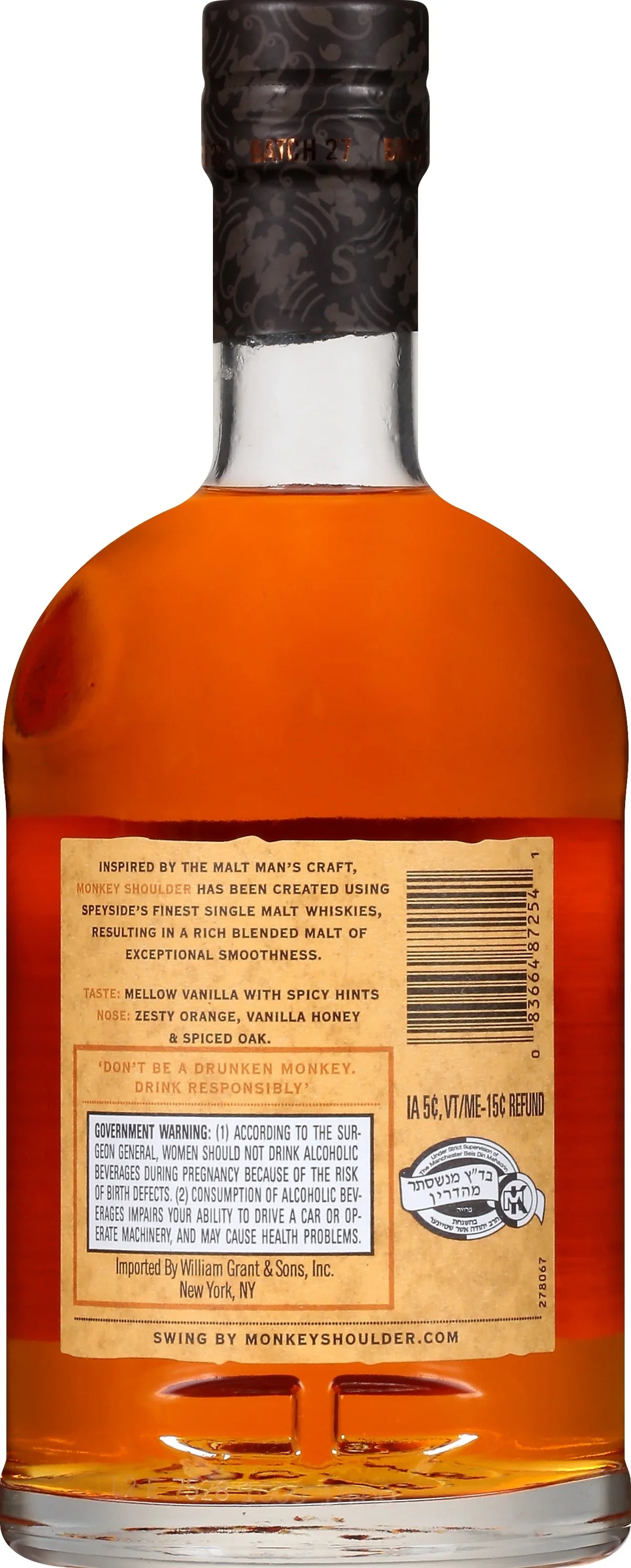 Glass Scotch Shoulder 43% ABV 86 Whisky, Proof Monkey Bottle, 750ml
