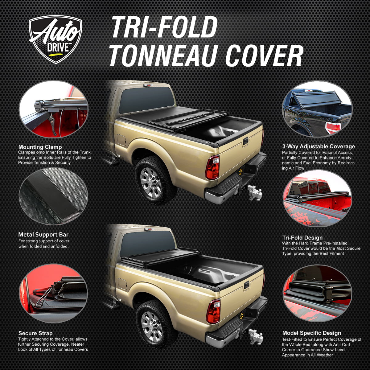 Fits Ranger Tri 5Ft Bed Bed Fold Tonneau Soft Truck 19-23 Auto Cover Drive