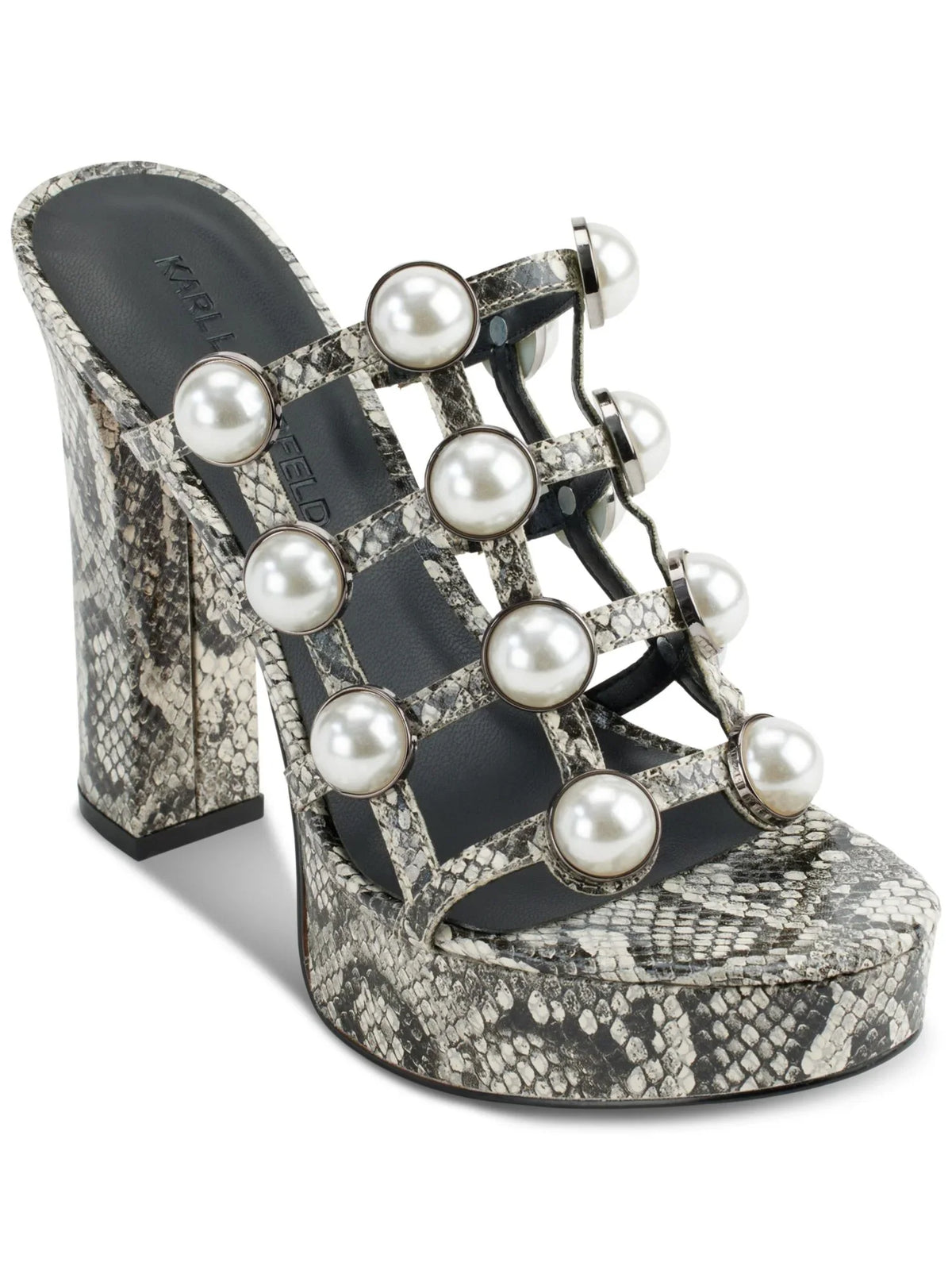 Toe KARL Heel Embellished outfit Platform On PARIS 1" M Round Heeled Slip Black 9 LAGERFELD Womens Addica Sandal Cone Snakeskin