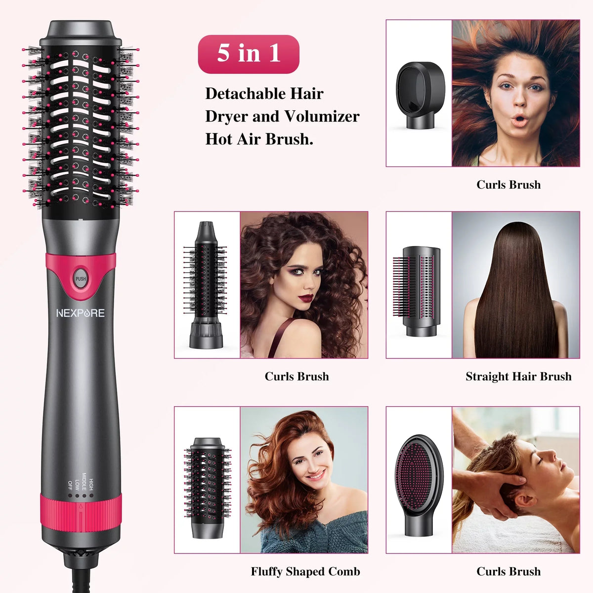 Suction Curler Styling Air Hair NEXPURE Multi-Head Multifunctional in Hot Dryer Ion Women Salon 5-in-1 Comb,Negative Tool, 5 Detachable for Hair Automatic 1