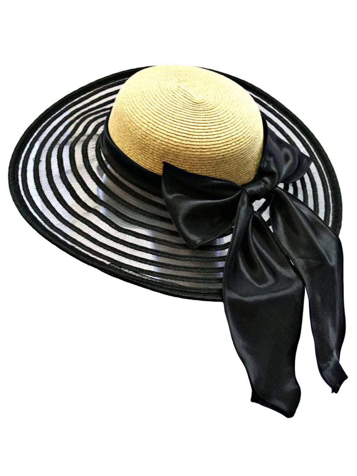 Wheat Black Satin Large Floppy Bow & With Brim Wide Hat
