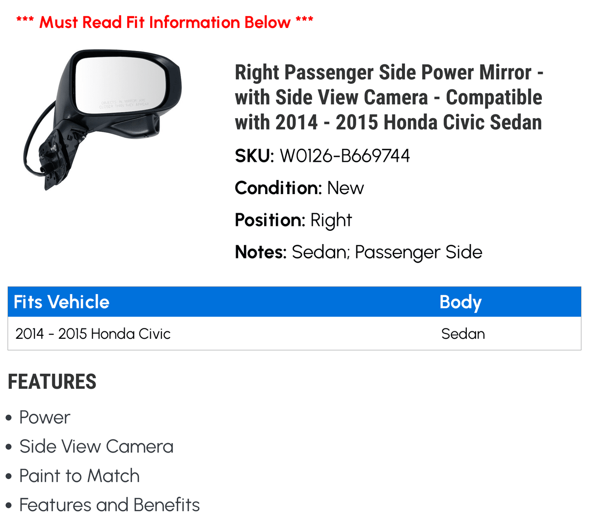 Right Power with Side Passenger View 2015 Honda - Civic with Sedan Camera 2014 Side Compatible - - Mirror