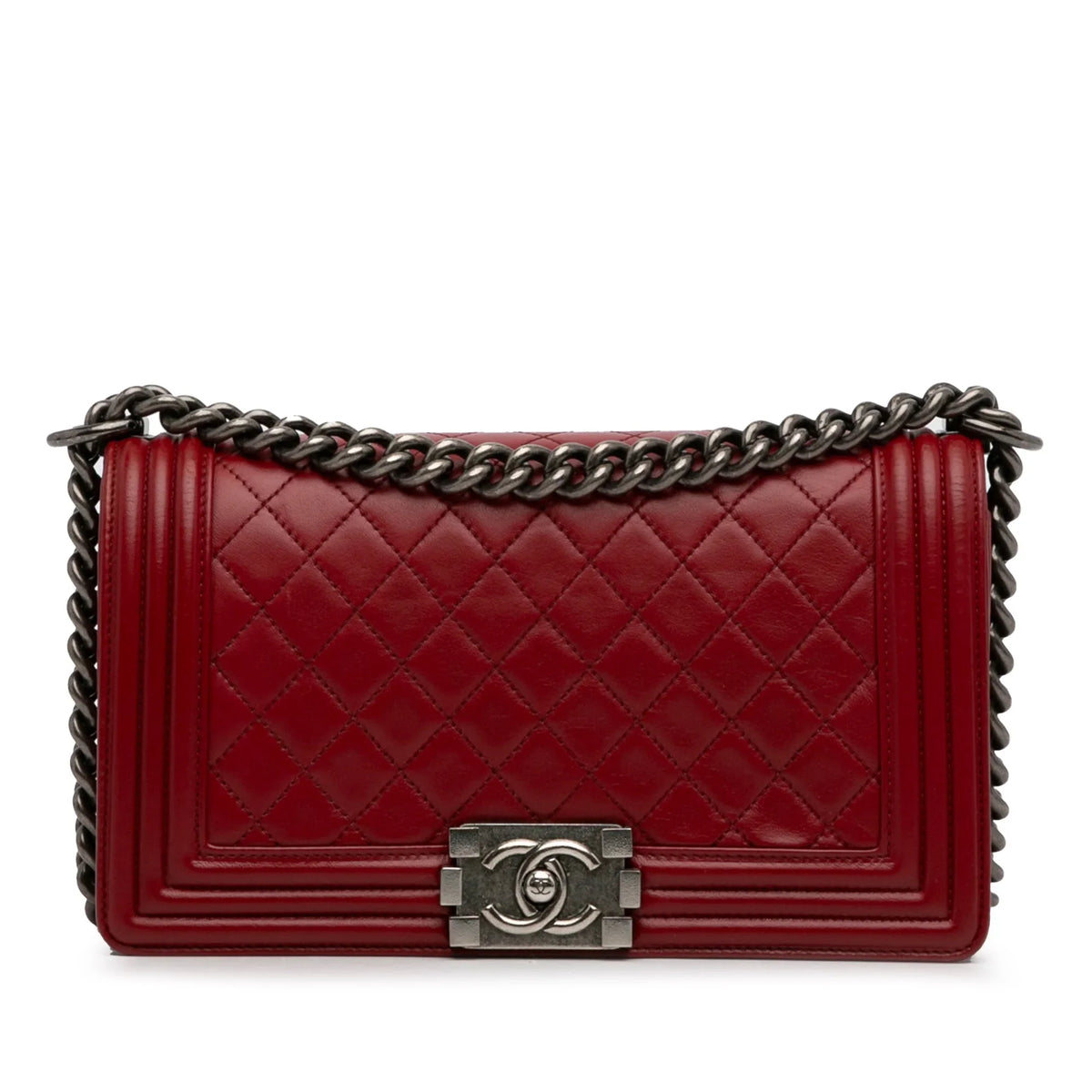 Lambskin Crossbody Unisex (Good) Authenticated Medium Pre-Owned Boy Bag Flap Red Leather Bag