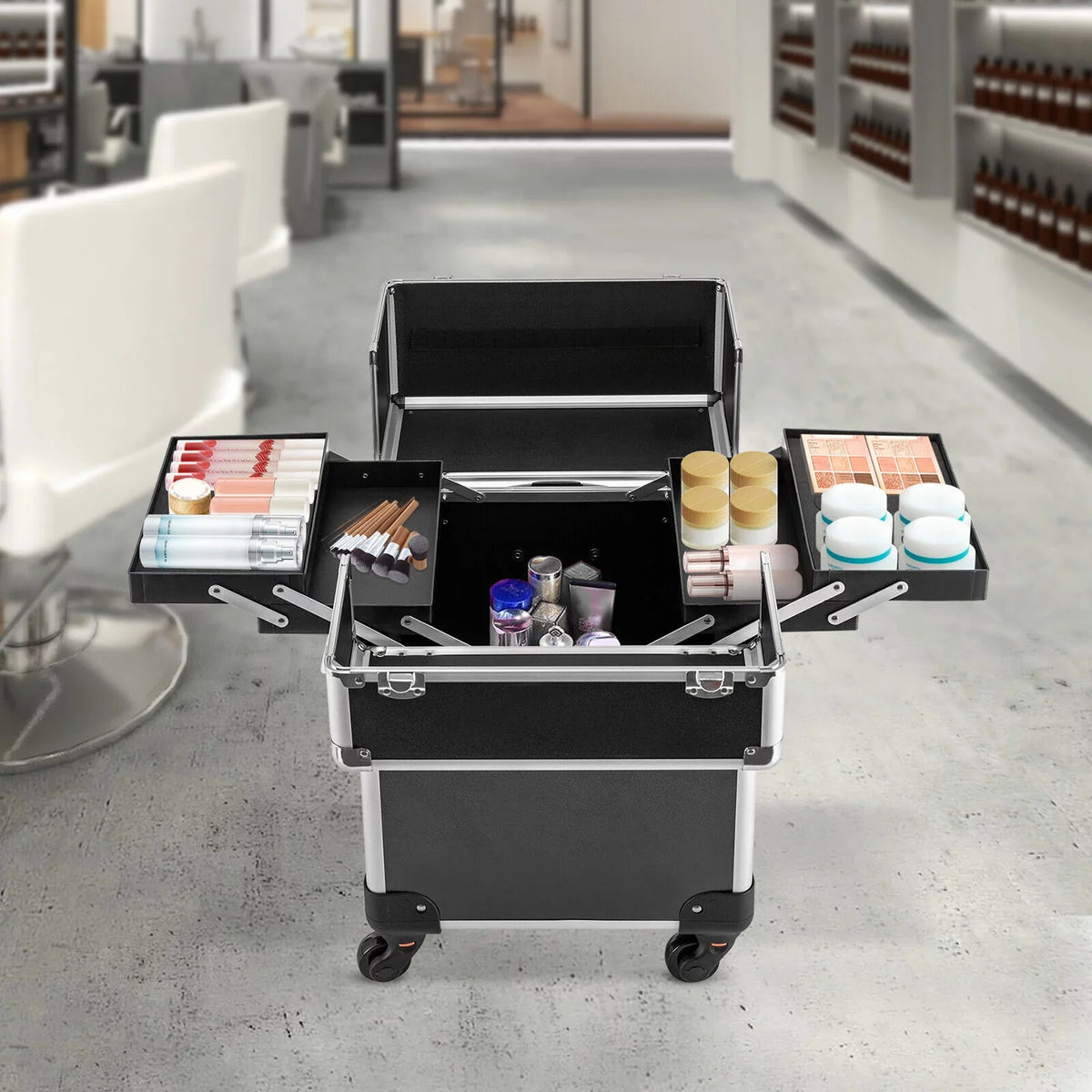 with Rolling Luggage Nail Travel Box Trunk (Black) Train Hairdresser Salon Wheels Lockable Beauty Organizer Case Tool Trolley, Cart Case Stylist Makeup Swivel Cosmetic Barber