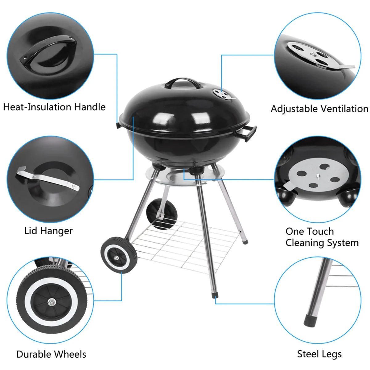 Charcoal on Storage Grill Area, Grill Steel w/ Cooking Wheels, Grill Camping inch with Grate 18 exterior BBQ