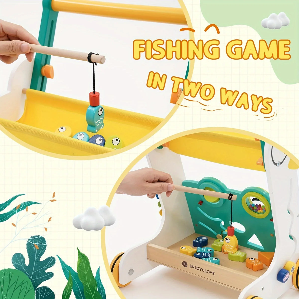 Trolley Walker Entertainment Toy Shape Learning for Sit-to-Stand Multiple Toddler Walker Baby Fishing Wooden Kids Baby Activity Along Xylophone Boys Infants Sorter Push Center with Girls Push