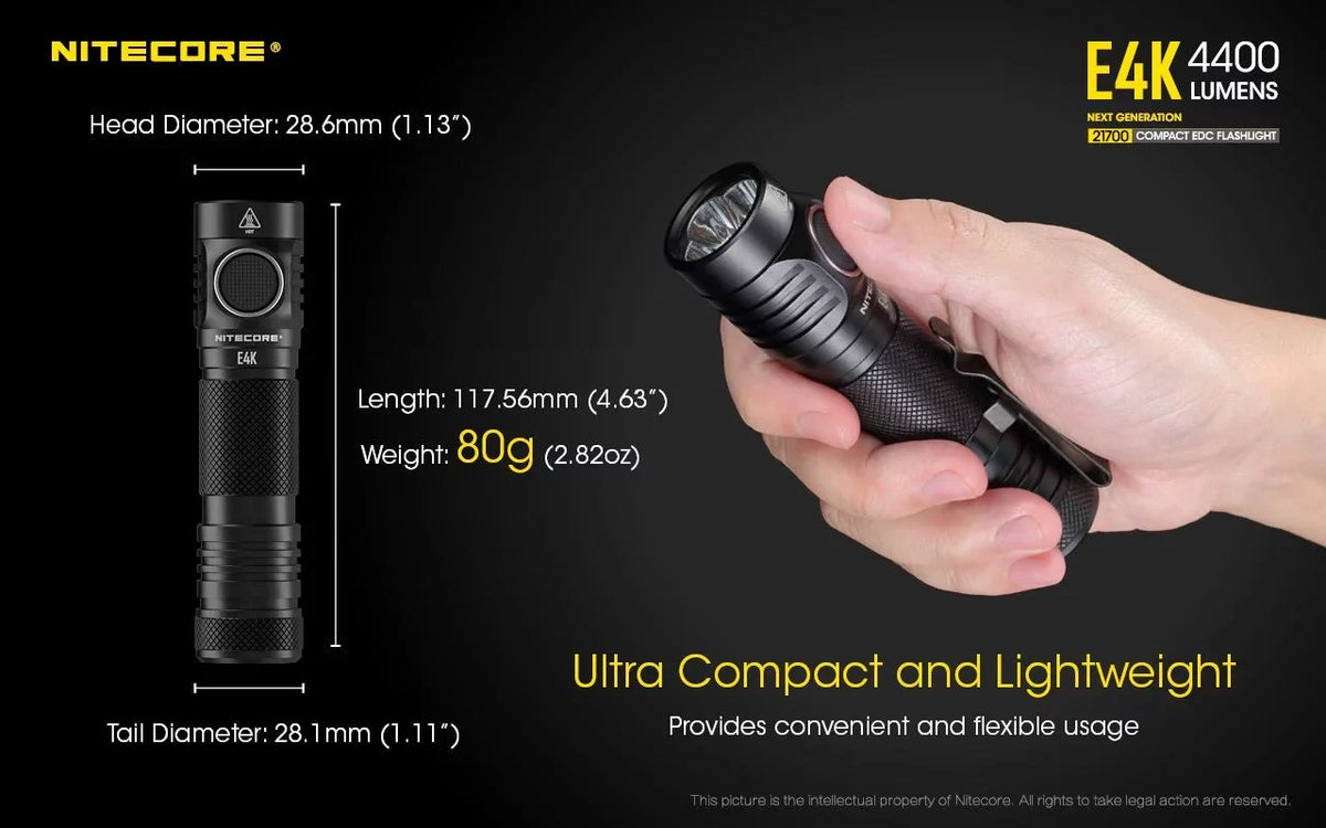 Battery NITECORE Flashlight Li-ion 21700 E4K NITECORE -1x Mount Rechargeable Included w/Offset Combo: