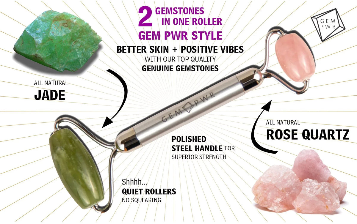 2-in-1 Handle Rose Roller, Dual and with Quartz Durable PWR Head Face Bag Travel Steel GEM Jade +
