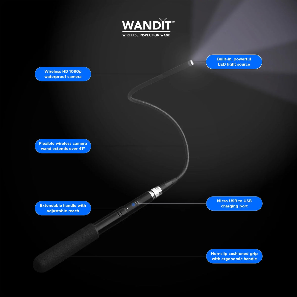 Light Anywhere, Your - 41 - Anything, to Extendable, Camera Inch Wand Degree Camera - Flexible Anytime Images with Rechargeable - WANDIT Capture 360 Phone Inspection Inspection Inspect Wireless