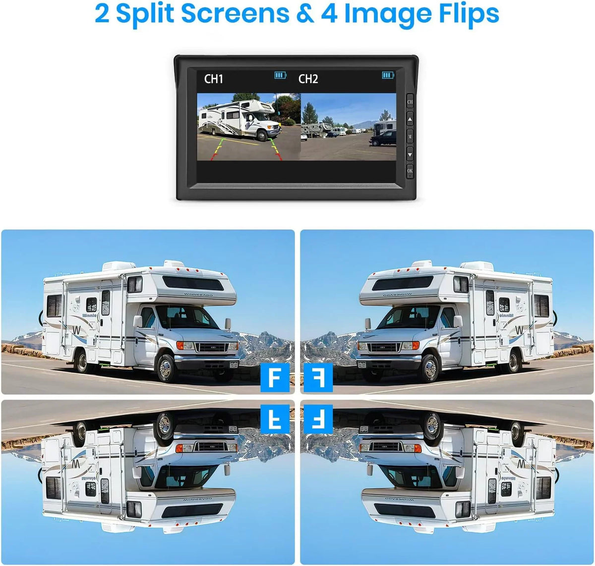 Dual Panel, Rear RV Monitor Campervans Reverse and PCS Camera View Solar Solar Wireless Trailer Camera, with Backup Wireless Split-Screen Cameras 7'' Battery-Powered Systems 2 2 Auto-Vox
