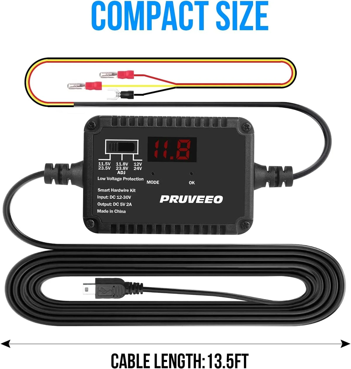 PRUVEEO Protection and Intelligent 98% USB Fit Cam for Low-Voltage Hardwire Cam, Mini Dash Dash Kit, Adjustable 13ft