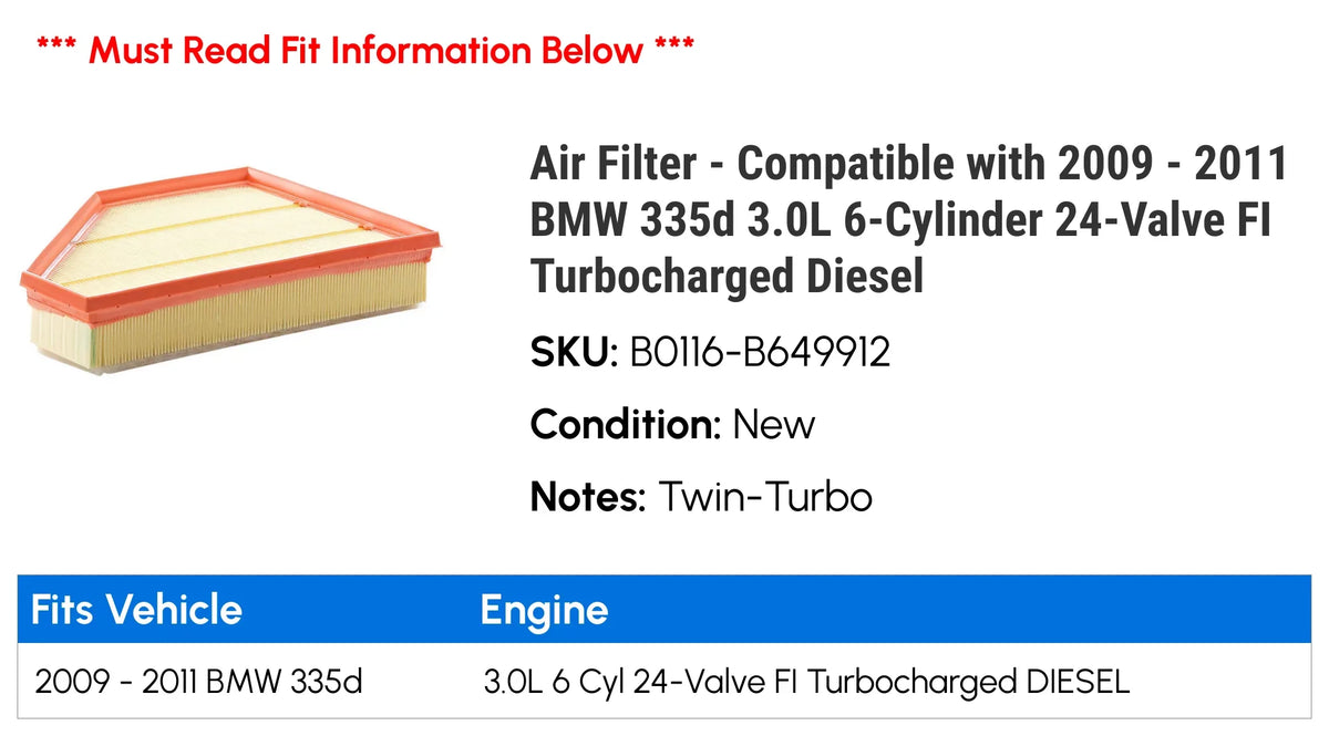 Filter Compatible 335d Air 24-Valve with 2011 Diesel 6-Cylinder - 2010 Turbocharged FI 2009 - 3.0L