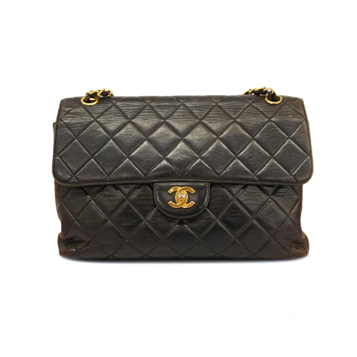 Pre-Owned Matelasse Black Bag Shoulder Women's (Good) Face W Double Chain Lambskin