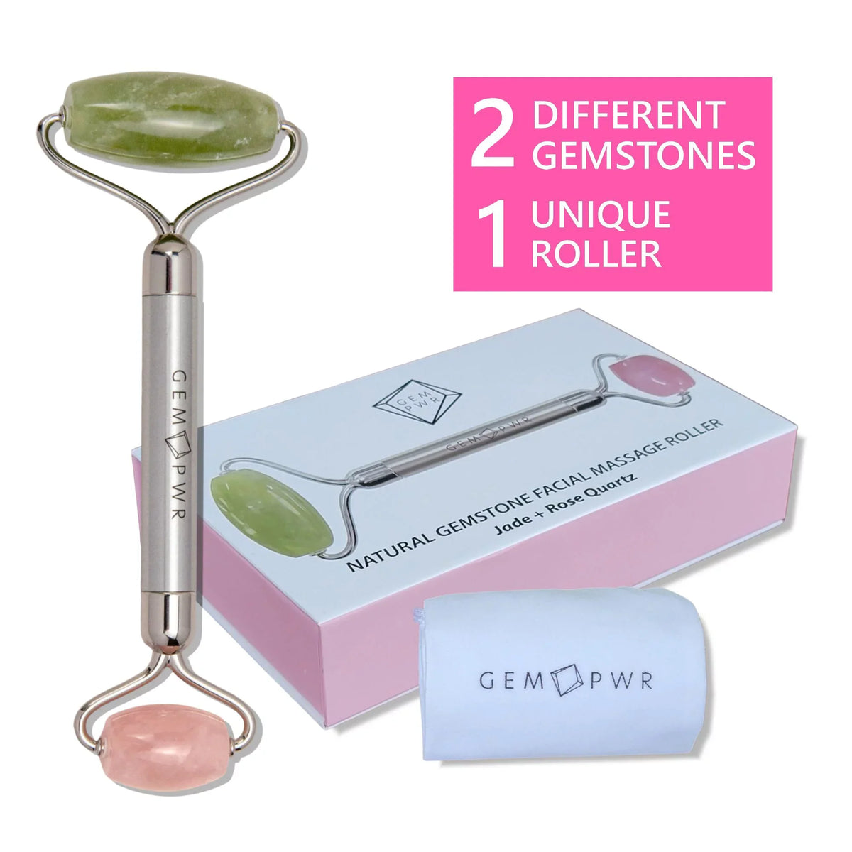 2-in-1 Handle Rose Roller, Dual and with Quartz Durable PWR Head Face Bag Travel Steel GEM Jade +